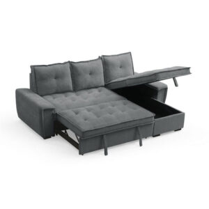 Eleanora Sleeper Sofa Storage Pullout + Chaise with storage Fabric + Black Plastic Leg Grey Fabric Couch