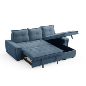 Eleanora Sleeper Sofa Storage Pullout + Chaise with storage Fabric + Black Plastic Leg Blue Fabric Couch